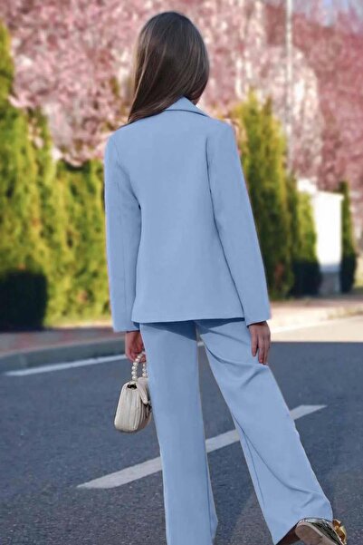 Riccotarz Girl's Blazer Jacket and Chain Detailed Ice Blue Jumpsuit