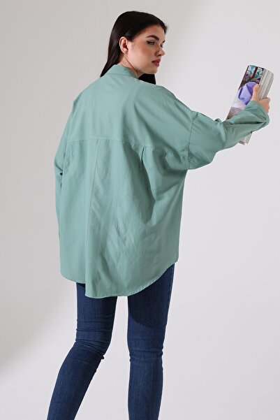 Corradeo Giyim Oversize Poplin Fabric Double Pocket Women's Water Green Shirt