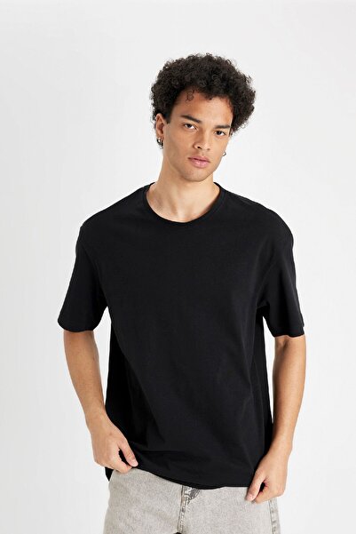 DeFacto Boxy Fit Bisiklet Yaka Basic Düz Kısa Kollu Siyah Tişört D7415ax24hs