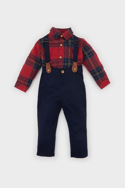 DeFacto 3-teiliges Set mit weihnachtlichem Motiv für Babys, kariertes Langarmhemd, Hose, Hosenträgerhose D6750a524wn
