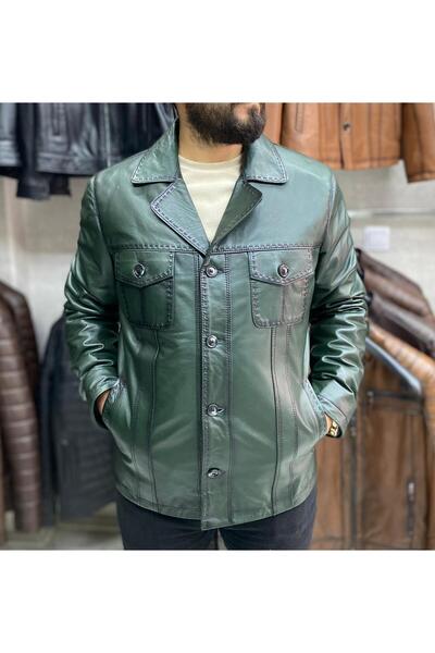 NYC GİYİM TEKSTİL سترة جلدية أصلية باللون الأخضر معتمة بقصة ضيقة