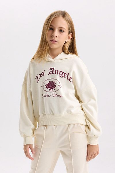 DeFacto Girl's Ecru Oversize Wide Fit Hooded Printed Sweatshirt D7041A824Wn