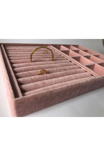 MeGass Dekor Domestic Production Berlin Model Suede Pink Hot Dog-Compartment Drawer Jewelry Display Stand