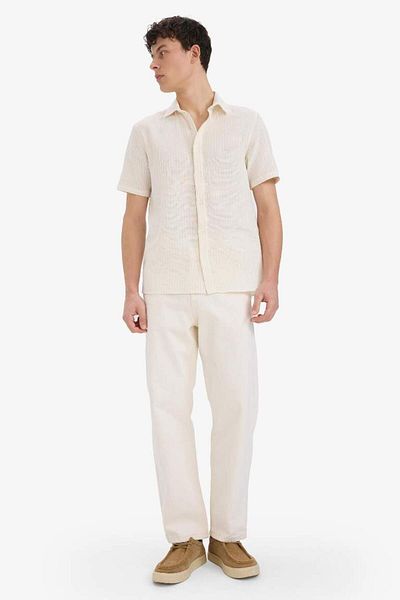 DeFacto New Season 100% Cotton Regular Fit Polo Collar Linen Look Summer Short Sleeve Shirt