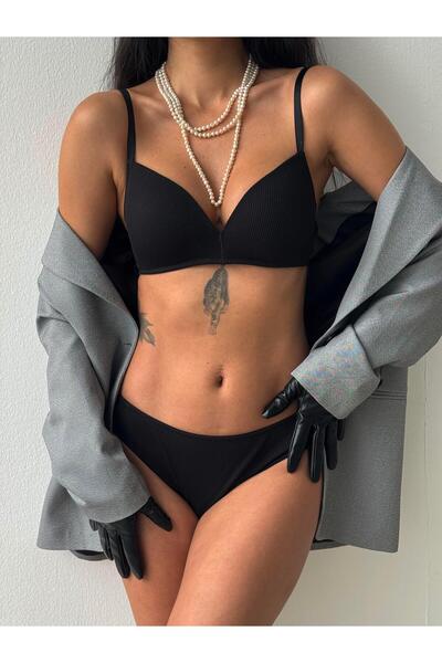 Cansoy Σετ μαύρου σουτιέν με ριγέ χωρίς υποστήριξη (701T)