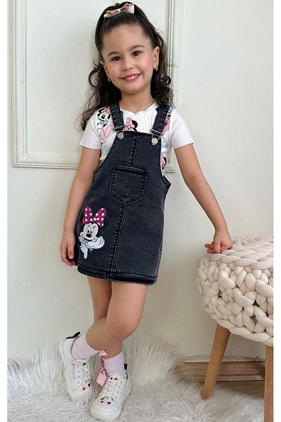 LİLLYPİCCA Girl's Ribbed Patterned Tshirt - Floral Embroidered Denim Salopet Set with Skirt
