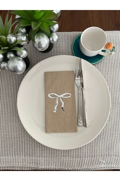 kidspartim Silver Gilded Kraft Bow Printed Waiter Fold Napkin 16 Pieces