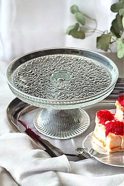 WuuQ Platinum Glass Footed Cake Cake Coffee Side Presentation Stand Plate - 16 cm
