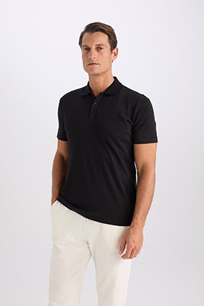 DeFacto Slim Fit, schmal geschnittenes, kurzärmliges Basic-Poloshirt aus Baumwolle und Modal-Mischung in schlichtem Schwarz M6609az25sp