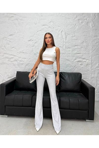 aytenli Recuperative Wide Belted Flared Leg Cotton High Waist Pocketless Rib Pants
