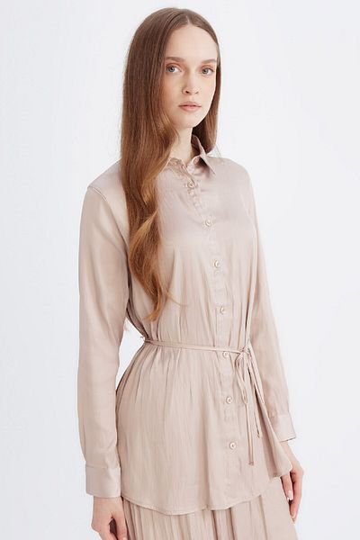 DeFacto Relax Fit Satin Shirt Tunic - Lace-Up Waist, Long Sleeve, Shirt Collar D7202Ax24Wn