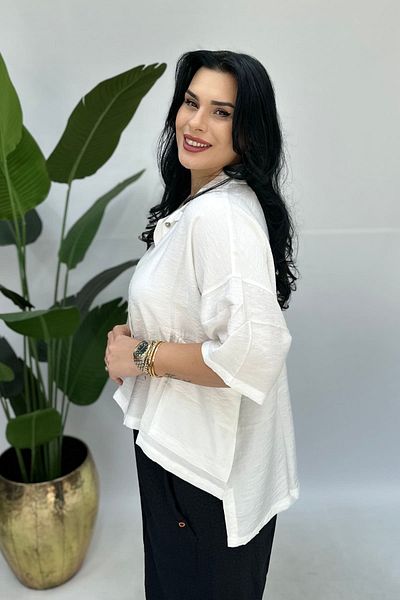 GÖKSEL Short Linen Bluz White Large Size