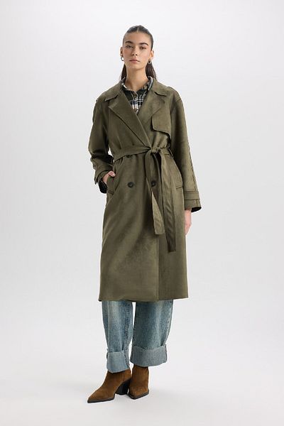 DeFacto Normale Passform, Smoking-Revers, langer Wildleder-Trenchcoat mit Gürteltasche D5799AX25SP