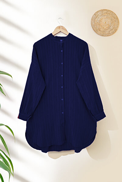 MODAQU Judge Collar Buttoned Tunic - Navy Blue