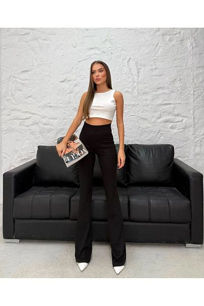 aytenli Recuperative Wide Belted Flared Leg Cotton High Waist Pocketless Rib Pants