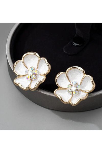 TChic Flower Shaped Steel Clip Earrings with Rhinestones