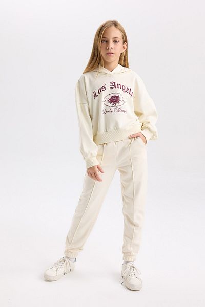 DeFacto Girl's Ecru Oversize Wide Fit Hooded Printed Sweatshirt D7041A824Wn