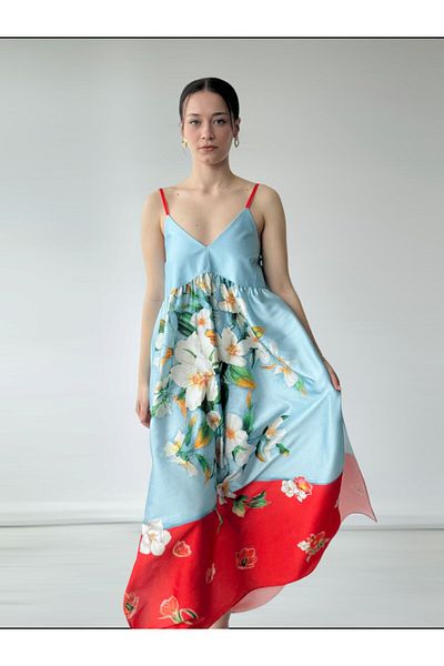 Retrobird Rochie din Satin Culoare Rodie - Caftan de dama cu bretele din satin cu fanta