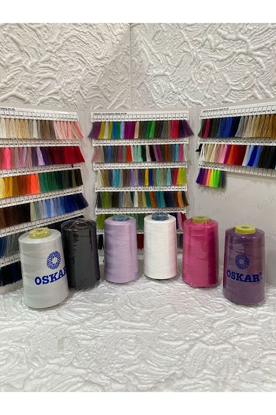 Oskar 120No Polyester Sewing Thread 5000 Mt (6 Pcs) (Light Gray-Black-Lila-White-Fuchsia Pink-Purple)
