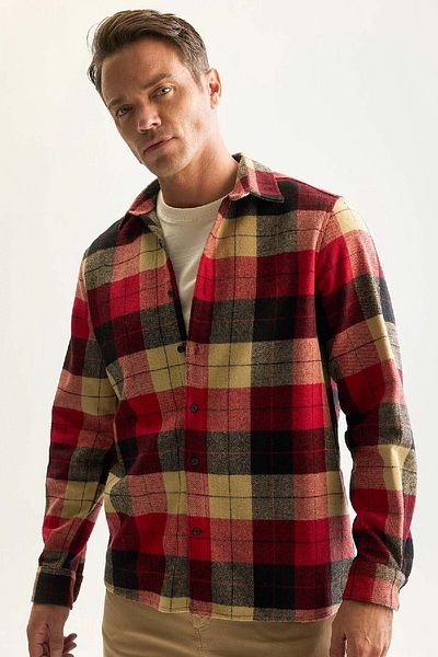 DeFacto Фланелена поло риза с дълъг ръкав - Lumberjack Fit, карирана яка D7191Axns