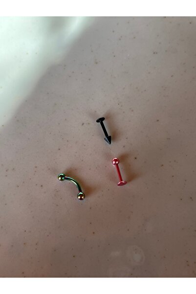 Vamos Jewelry 316L Çelik Kararmaz 3’lü Siyah Pembe Yeşil Renk Piercingler