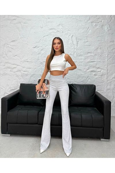 aytenli Recuperative Wide Belted Flared Leg Cotton High Waist Pocketless Rib Pants