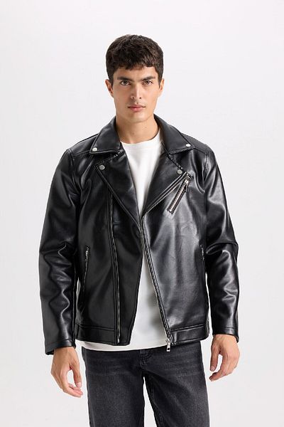 DeFacto Slim-Fit Slim-Fit-Polokragen-gefütterter Kunstledermantel mit Reißverschluss C5715AX25SP
