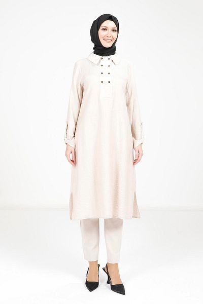 Beyza Stone Color Hijab Tunic with Epaulets on Sleeves 9340