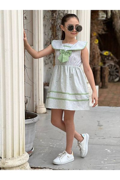 SNSA MODA Stylish Girl's Dress with Bow Detail 100% Cotton - (It Is Recommended to Take One Size Larger)