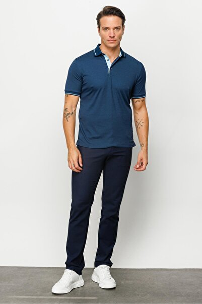 Desen Triko Ανδρικό πλεκτό μπλουζάκι με λαιμόκοψη και μανίκι Πόλο Πετρόλ