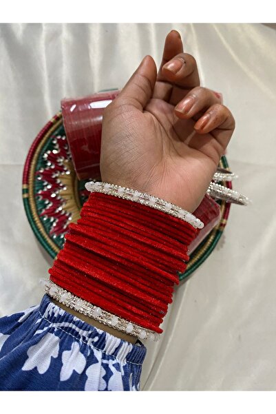 Home Kırmızı Kadife Kaplamalı Hint Bilezik Seti – Beyaz Taşlı 2 Kade ile (Top...