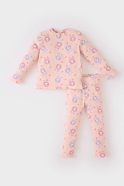 DeFacto Baby Girl's Ribbed Pajamas Set - Long Sleeve, Crew Neck, Printed, Elastic Waist, Long Bottom