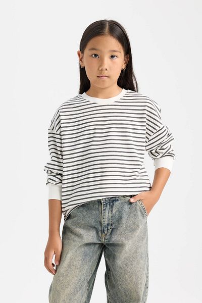 DeFacto Girl's Relax Fit Crew Neck Striped Sweatshirt D6503A8Ns