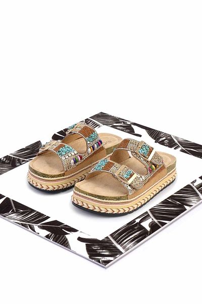 Guja 25Y103 Women's Thick Sole Straw Stone Double Buckle Slippers