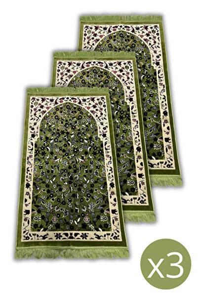 Buhara Tekstil Mescidi Nebevi Ravza Motifli 3 Adet Yeşil Seccade Seti
