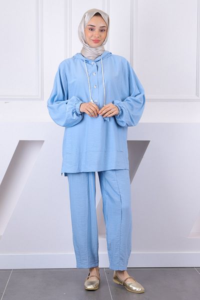 İmajButik Βρεφικό Σετ Παντελόνι Τουνίκ με Μπλε Κουκούλα και Τσέπη