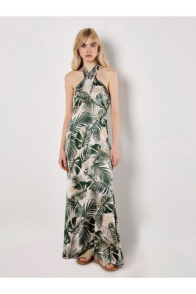 Apricot Tropical Leaf Maxikleid