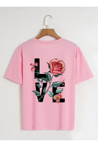 SOFTWAY Unisex Oversize Crew Neck Rose Love Printed Basic T-Shirt - ΡΟΖ
