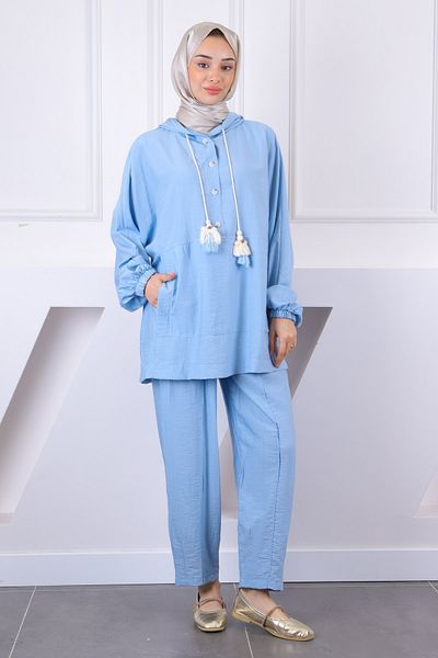 İmajButik Βρεφικό Σετ Παντελόνι Τουνίκ με Μπλε Κουκούλα και Τσέπη