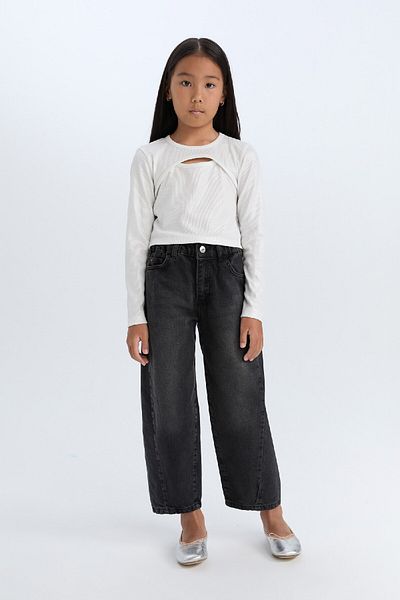 DeFacto Girls' Slim Fit Slim Fit Crew Neck Shiny Fabric Corduroy Long Sleeve T-Shirt