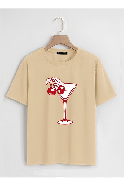 SOFTWAY Unisex Organic Oversize Cherry Cocktail Printed Basic T-shirt - Μπεζ