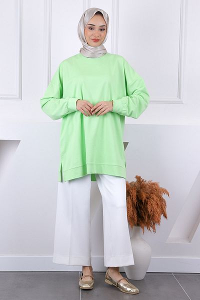 İmajButik Νέον Πράσινο Βαμβακερό Ύφασμα Φούτερ με Πλαϊνό Σκίσιμο
