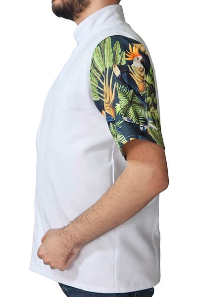 Ant Rotagrup Üniforma ve İş Elbiseleri Unisex Chef Jacket - Tropical Bird Pattern, Hungry Snap Fastener, Short Sleeve, Summer Kitchen Hood