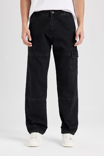 DeFacto 100 % Baumwolle, weites Bein, weite Passform, normale Taille, weites Bein, Cargotaschen-Jeanshose B4638ax24au