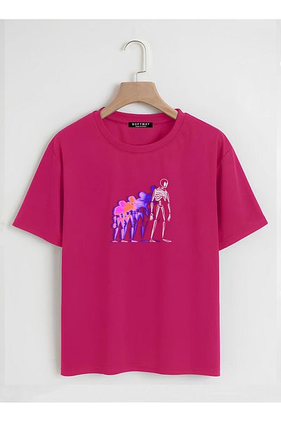 SOFTWAY Unisex Oversize Crew Neck Πολύχρωμο μπλουζάκι με στάμπα με σκελετό - ΦΟΥΚΙΔΙΔΑ