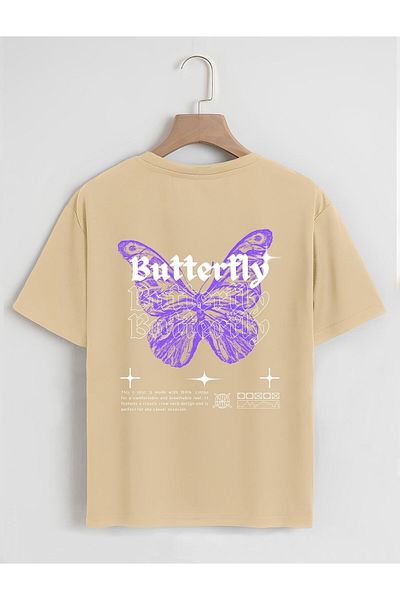 SOFTWAY Unisex Οργανικό Oversize Butterfly Printed Basic T-shirt - Μπεζ