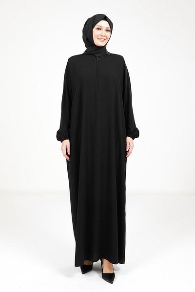 Beyza Zippered Collar Black Bat Dress 9223