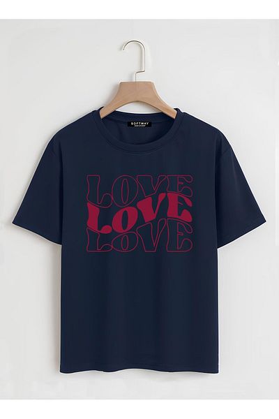 SOFTWAY Unisex Οργανικό Oversize T-shirt Βασικών Εκτυπώσεις Three Love - Ναυτικό Μπλε