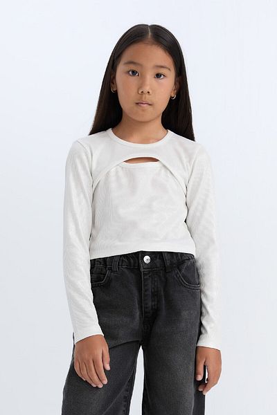 DeFacto Girls' Slim Fit Slim Fit Crew Neck Shiny Fabric Corduroy Long Sleeve T-Shirt