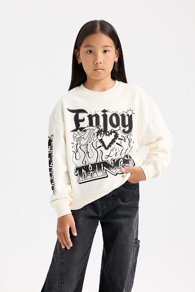 DeFacto Girl's Oversize Wide Fit Crew Neck Printed Sweatshirt D6629A824Au